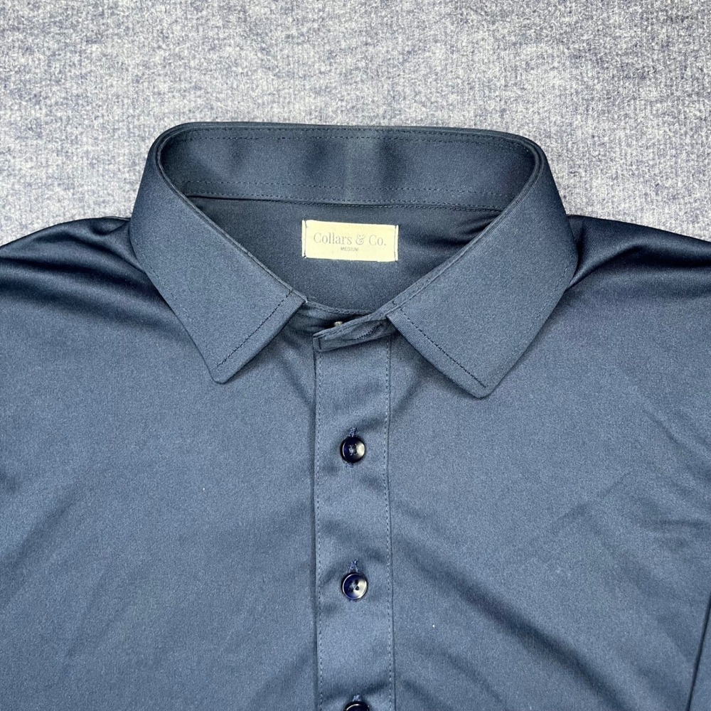 Collars & Co Mens Medium Navy Blue Long Sleeve Performance Polo Dress Shirt